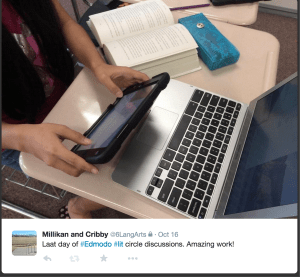 Student finishing up an online literature circle discussion using Edmodo. 